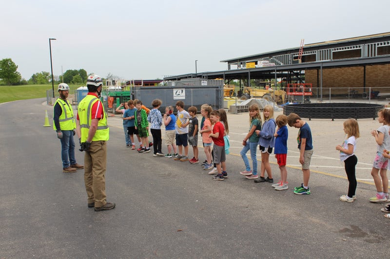 Photo of students outside the new school addition