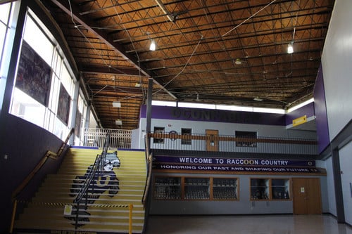 Interior photo of construction work at high school