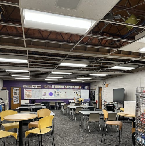 Ceiling panels in some classrooms were removed in preparation for summer 2025 HVAC work