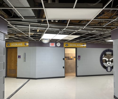 Ceiling panels in Ocon Ave. were removed in preparation for summer 2025 HVAC work